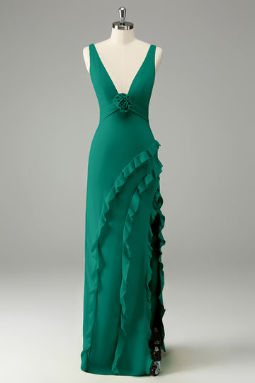 Vestido de invitada de boda con volantes de cuello en V profundo de narciso con abertura